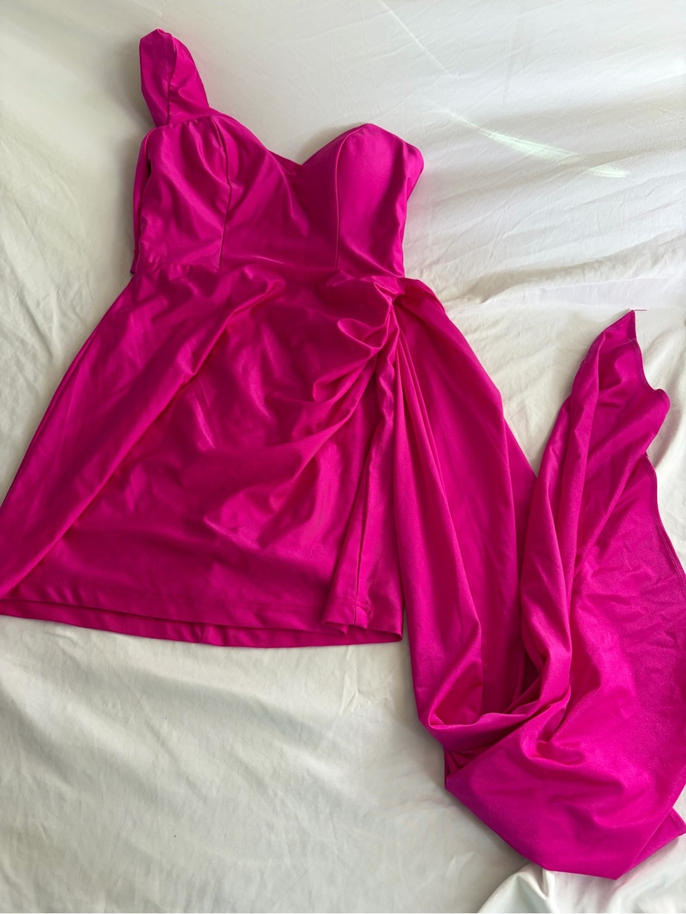 GB Hot Pink One Shoulder Satin Mini Dress Ruched Draped Train NWT Size 9